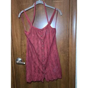 NWOT Free People Halter Neck Mini Dress Dark Red Sheer Front Button Crochet XS